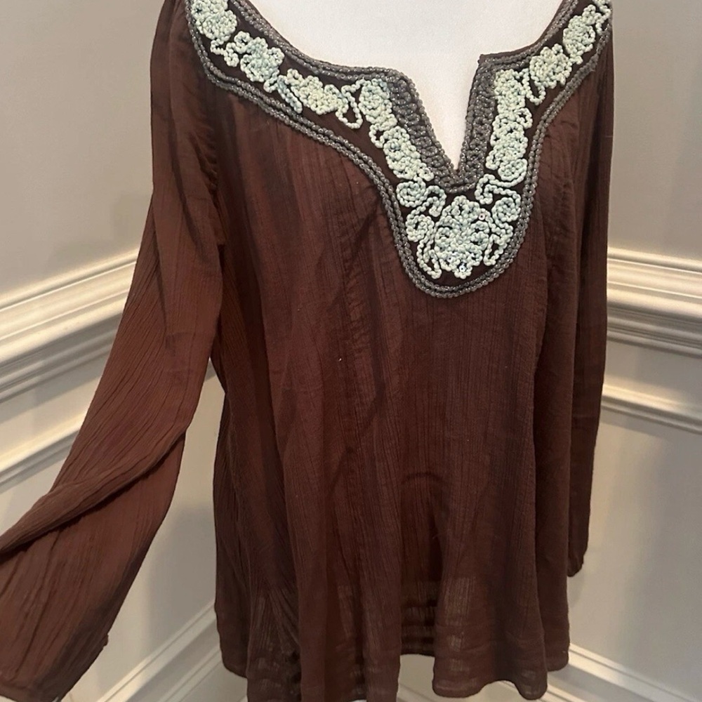 Free People Oversized V-Neck Tunic Beaded XS Boho Hippie Peasant Brown